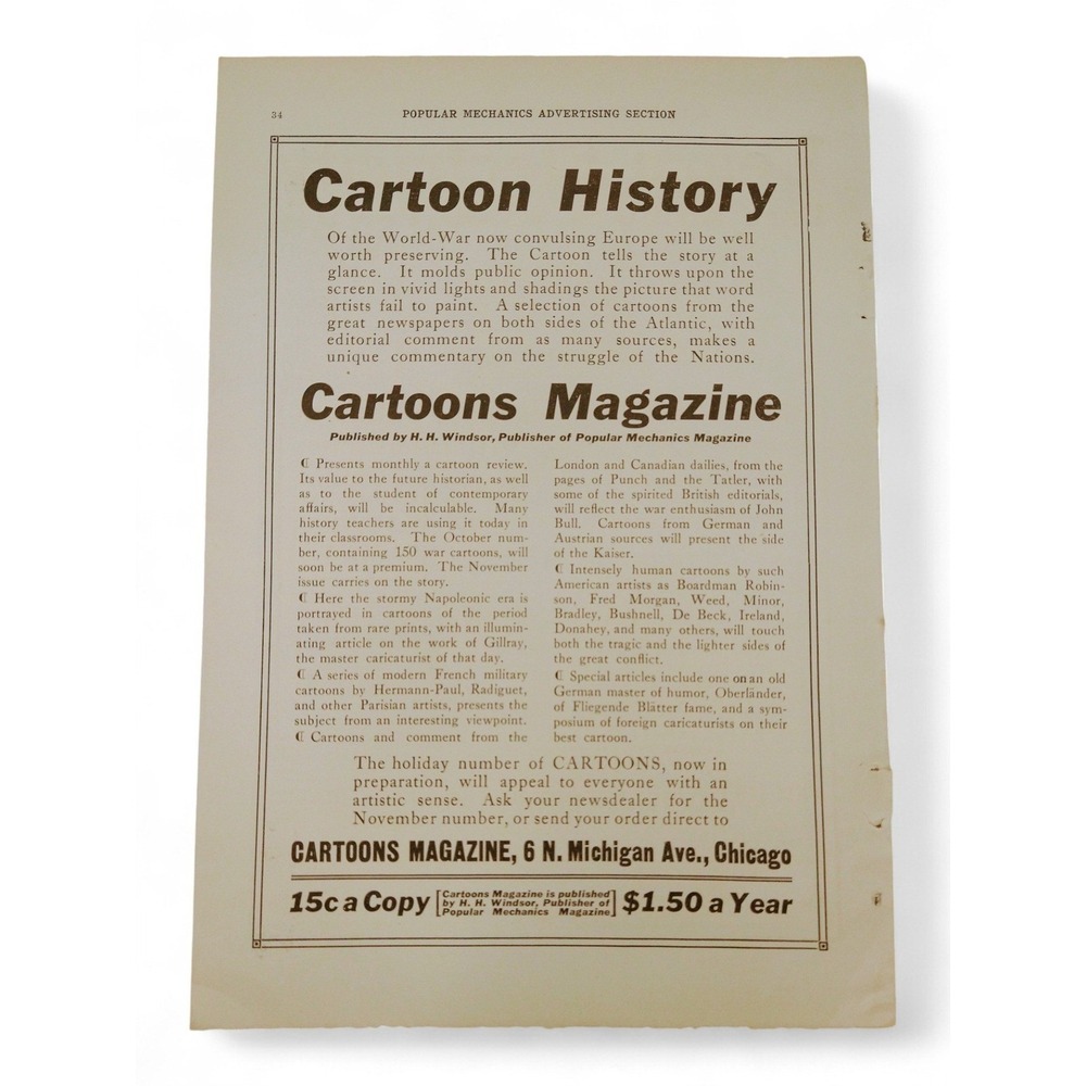 1914 Cartoon History Cartoons Magazine Original Vtg PRINT AD Antique Ephemera